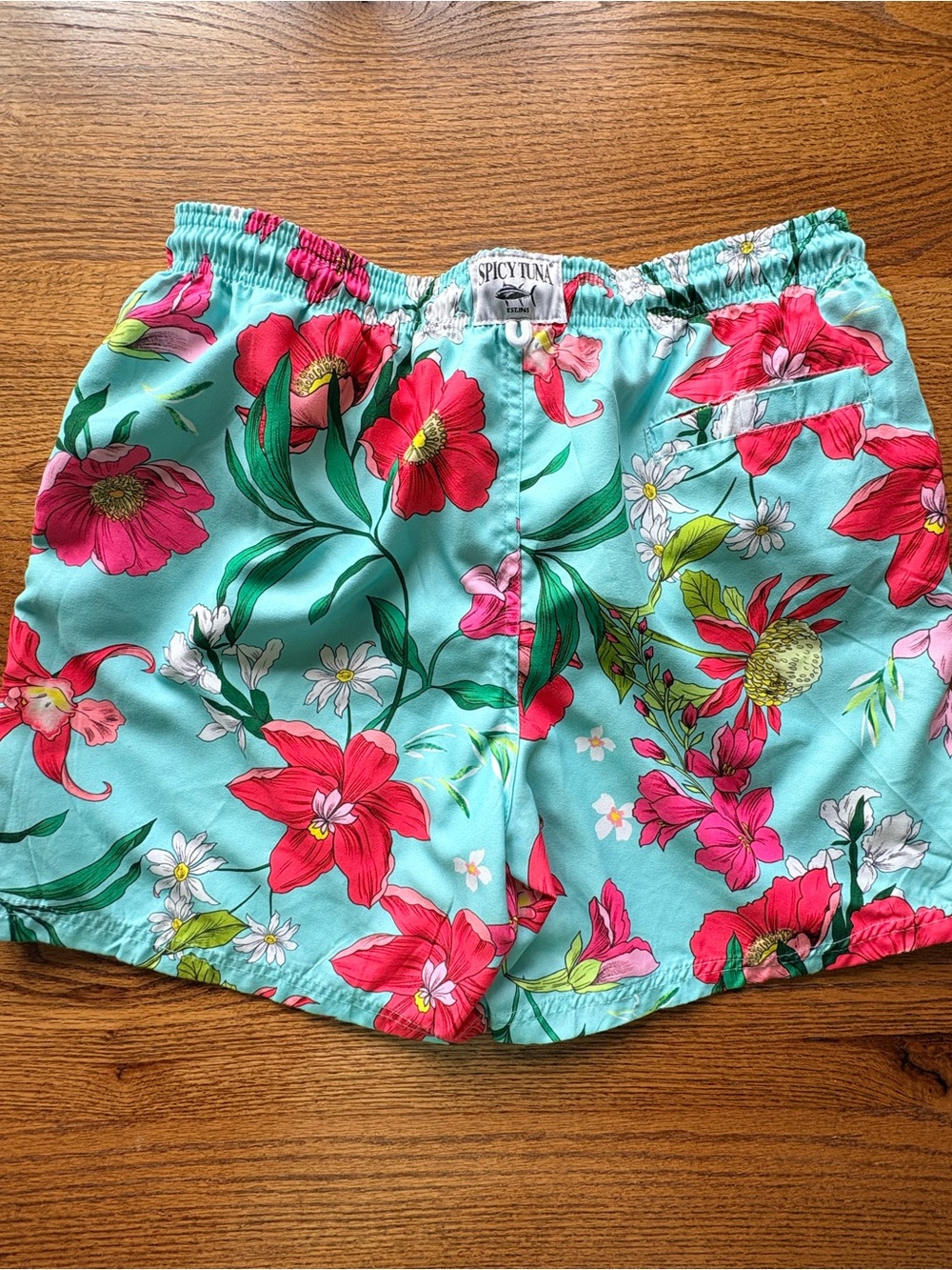 Spicy Tuna Lt. blue Mens Large Floral Swim Shorts with Drawstring & elastic - Picture 8 of 16